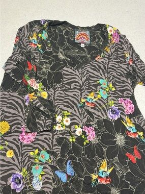 Johnny Was Black Top with Pink, Yellow, Turquoise Embroidered Floral Patch